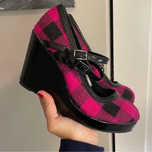 hot pink and black plaid patent leather punk/coquette wedge